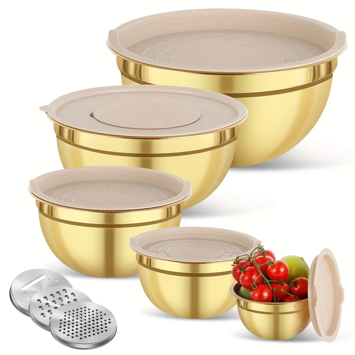 Kitchen Baking Bowls - 10-teiliges Rührschüssel-Set aus goldenem Edelstahl mit