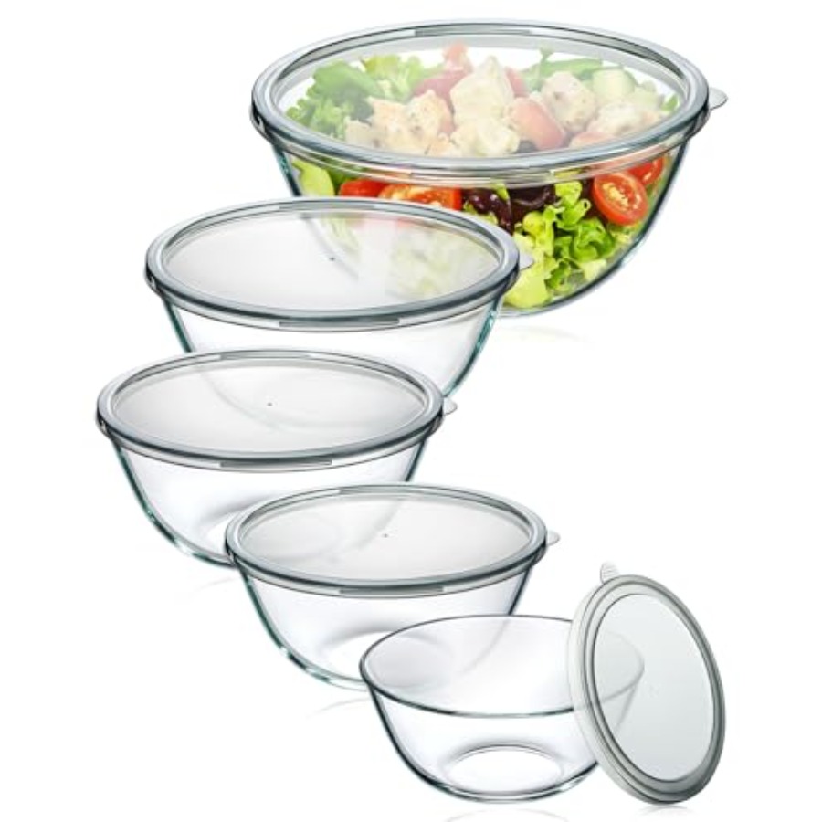 Kitchen Glass Baking Set - Glas-Rührschüsseln mit Deckeln, 5er-Set, 4,78QT, 2,2QT,